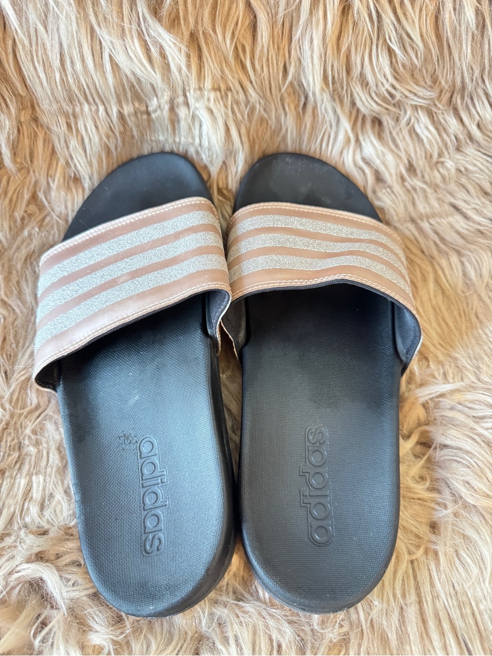 adidas Black Slides with Rose Gold & silver Metallic Straps Sz 7 EUC - Picture 2 of 6